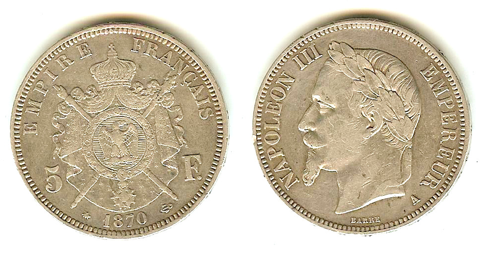 5 Francs Napoléon III 1870A VF+